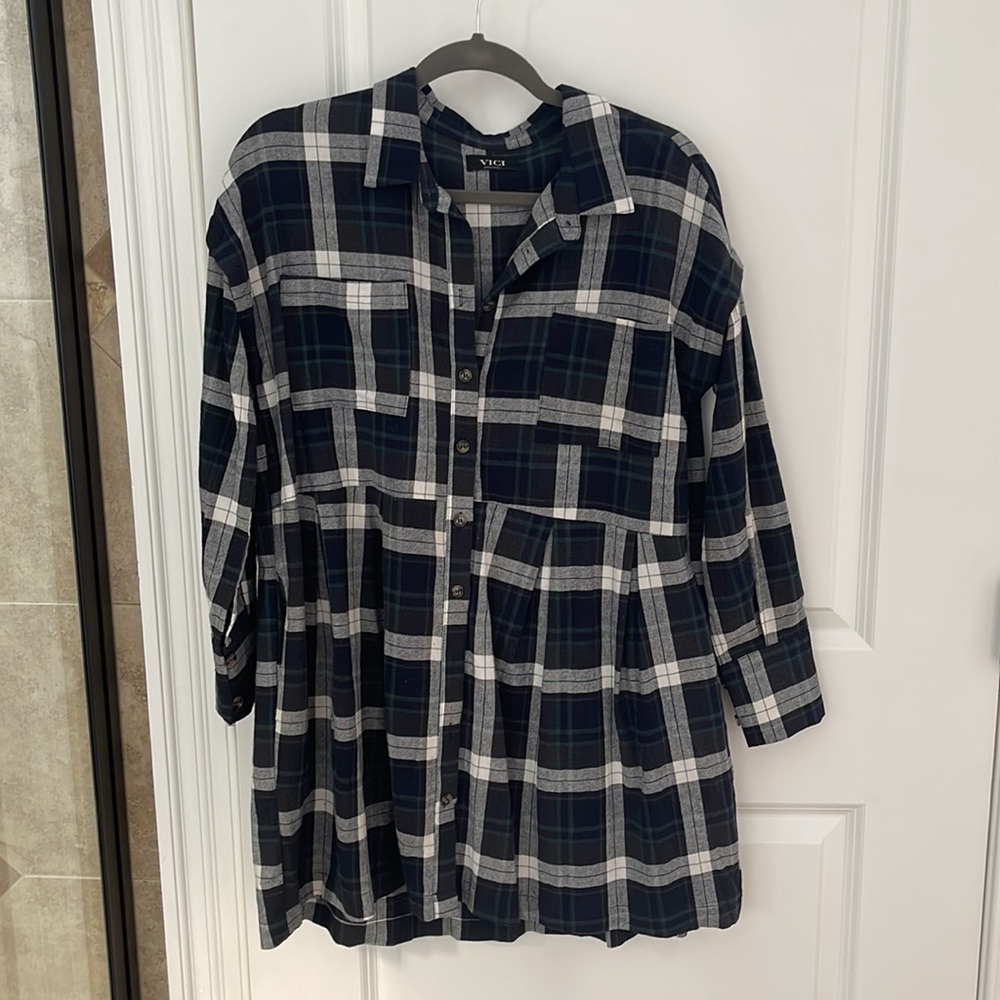 Pocketed Plaid Shirt Dress